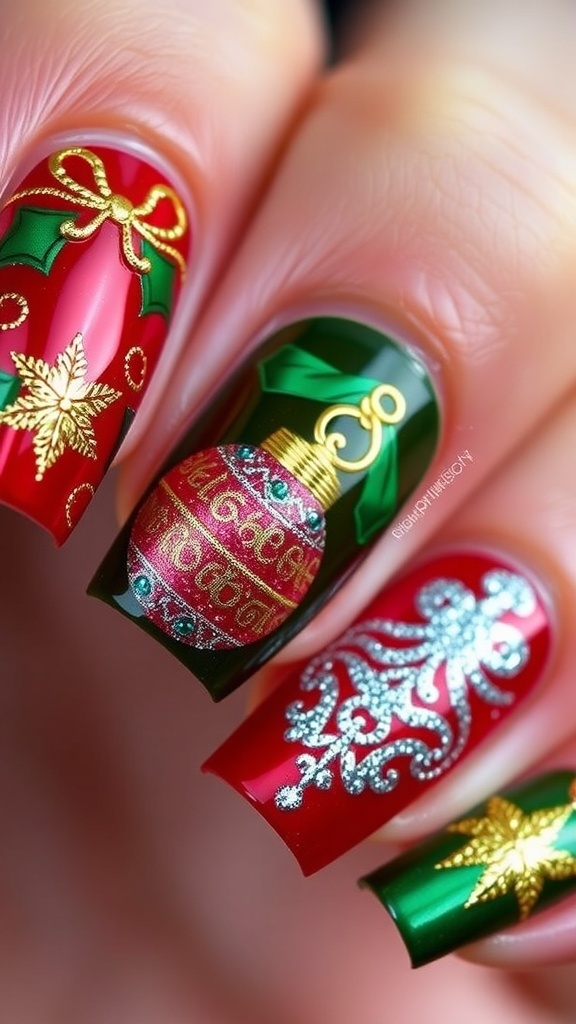 Close-up of vintage Christmas ornament nail art with red, green, gold, and silver designs.